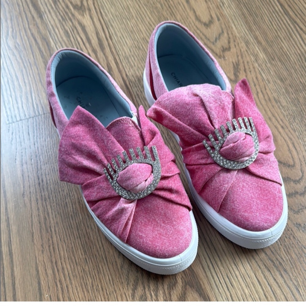 Chiara Ferragni Women's Pink Slip-On Sneakers with Bow and Rhinestone Eyes